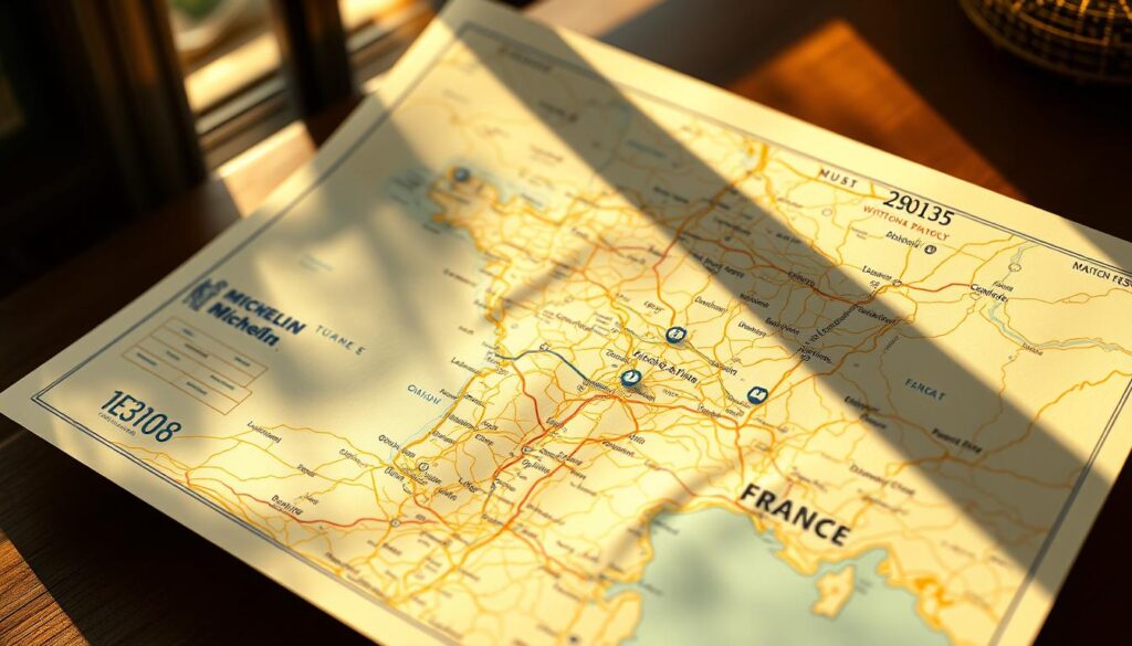 A detailed, high-resolution digital evolution of the iconic Michelin map of France, showcasing its transformation from a traditional paper format to a modern, interactive digital counterpart. The image should depict the map's journey through time, seamlessly transitioning from its early incarnations to its current digital incarnation, complete with dynamic layers, interactive features, and a sleek, contemporary design. The composition should evoke a sense of progress and technological advancement, while maintaining the classic Michelin aesthetic and attention to detail. The scene should be illuminated by warm, natural lighting, creating a sense of depth and dimension, and capturing the essence of the Michelin brand's dedication to providing comprehensive travel and dining information to its users. La Transformation du Guide Papier au Numérique
