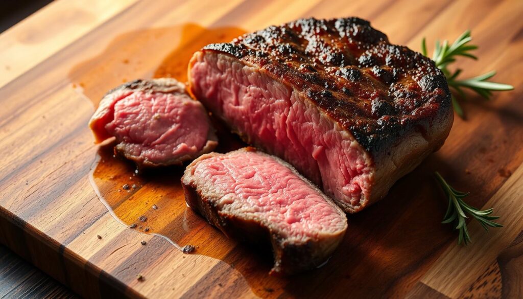 A juicy and tender filet mignon steak, seared to perfection with a golden-brown crust, resting on a wooden cutting board. The steak is sliced in half, revealing its pink, succulent interior. Soft lighting from above casts a warm glow, highlighting the steak's marbling and the slight char on the edges. The board is accompanied by a simple sprig of fresh rosemary, adding a touch of rustic elegance. The overall scene conveys the luxurious and sophisticated nature of this premium cut of meat, ready to be savored as the centerpiece of a delectable meal.