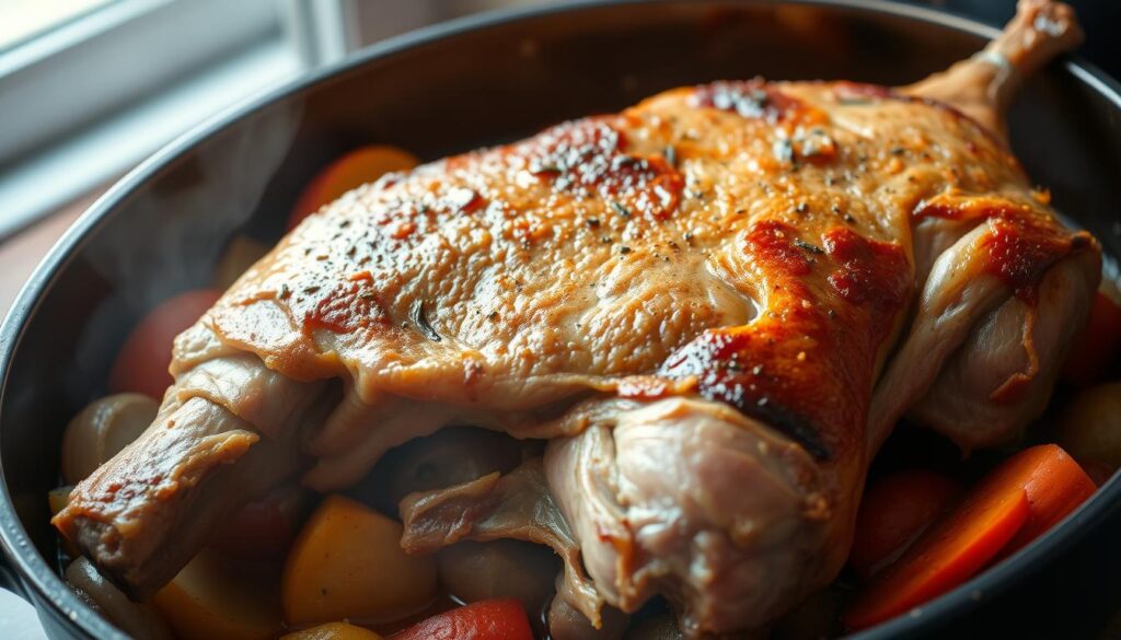 A sumptuous roast veal in a cast-iron pot, its golden-brown crust glistening under soft, warm lighting. The tender meat, seasoned with a blend of aromatic herbs, rests atop a bed of sliced potatoes, carrots, and onions, their flavors mingling together in a rich, velvety sauce. The scene exudes a comforting, homey atmosphere, inviting the viewer to imagine the satisfying aroma and the satisfying texture of this classic French dish. The composition showcases the dish's rustic elegance, captured from a slightly angled perspective to highlight the layers of ingredients and the cast-iron pot's sturdy presence. This image perfectly encapsulates the secrets to crafting a delectable roast veal in a cocotte.