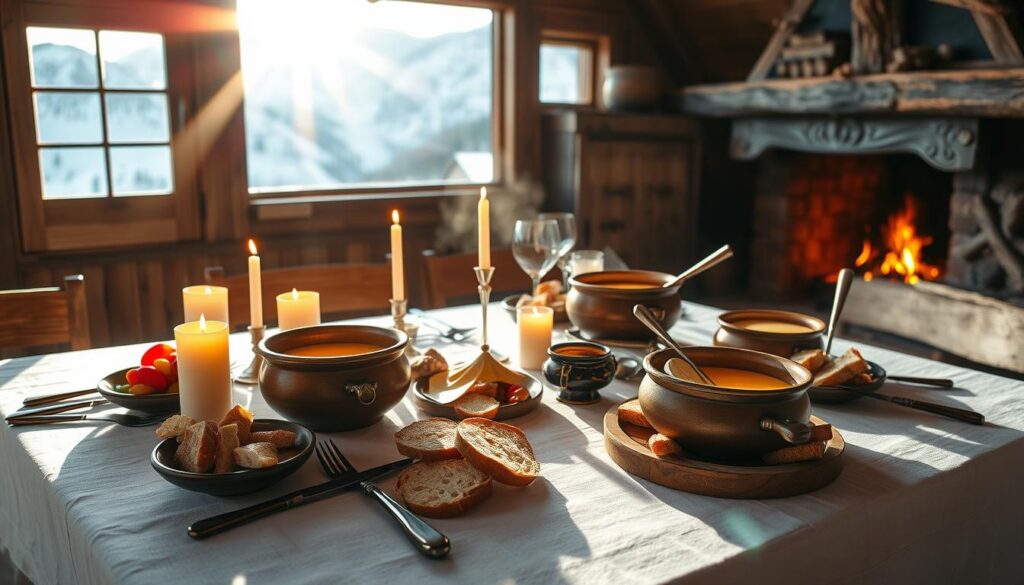A cozy mountain chalet interior, with a large wooden table set for a traditional Swiss fondue savoyarde. The table is laid with a crisp white tablecloth, antique cutlery, and rustic ceramic bowls filled with melted cheese and accompanied by slices of crusty bread, cured meats, and pickled vegetables. Flickering candles cast a warm, golden glow, while a roaring fireplace in the background adds to the intimate, alpine atmosphere. Sunlight streams in through large windows, revealing snow-capped peaks in the distance. The scene evokes the essence of a authentic mountain dining experience. A cozy mountain chalet interior, with a large wooden table set for a traditional Swiss fondue savoyarde. The table is laid with a crisp white tablecloth, antique cutlery, and rustic ceramic bowls filled with melted cheese and accompanied by slices of crusty bread, cured meats, and pickled vegetables. Flickering candles cast a warm, golden glow, while a roaring fireplace in the background adds to the intimate, alpine atmosphere. Sunlight streams in through large windows, revealing snow-capped peaks in the distance. The scene evokes the essence of a authentic mountain dining experience.
