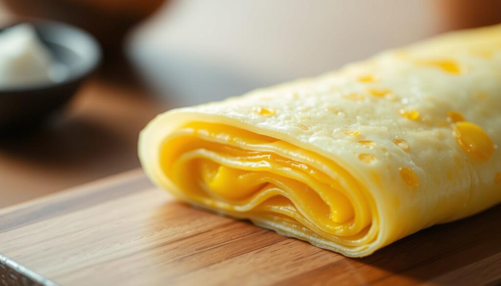 A delicate Japanese omelette (tamago) artfully rolled and sliced, revealing its vibrant yellow interior. The omelette is glistening under soft, even lighting, captured in a close-up, high-resolution photograph with a shallow depth of field, drawing the viewer's attention to the intricate texture and delicate folds. The background is blurred, hinting at a minimalist Japanese setting - perhaps a wooden table or simple ceramic plate. The overall mood is one of refined elegance and culinary craftsmanship, inviting the viewer to appreciate the beauty and precision of this traditional Japanese dish. A delicate Japanese omelette (tamago) artfully rolled and sliced, revealing its vibrant yellow interior. The omelette is glistening under soft, even lighting, captured in a close-up, high-resolution photograph with a shallow depth of field, drawing the viewer's attention to the intricate texture and delicate folds. The background is blurred, hinting at a minimalist Japanese setting - perhaps a wooden table or simple ceramic plate. The overall mood is one of refined elegance and culinary craftsmanship, inviting the viewer to appreciate the beauty and precision of this traditional Japanese dish.