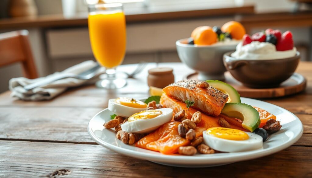 A lavish breakfast spread set in a bright, warm-toned kitchen. In the foreground, a plate overflowing with a variety of protein-rich foods - poached eggs, grilled salmon, avocado slices, and a handful of nuts. In the middle ground, a glass of freshly squeezed orange juice and a bowl of Greek yogurt topped with berries. The background features a rustic wooden table, with a neatly folded napkin and a sprig of herbs adding a touch of elegance. The scene is bathed in soft, natural lighting, creating a cozy and inviting atmosphere. The overall composition conveys a sense of balance, nutrition, and indulgence, perfectly capturing the essence of a well-rounded, protein-rich breakfast.