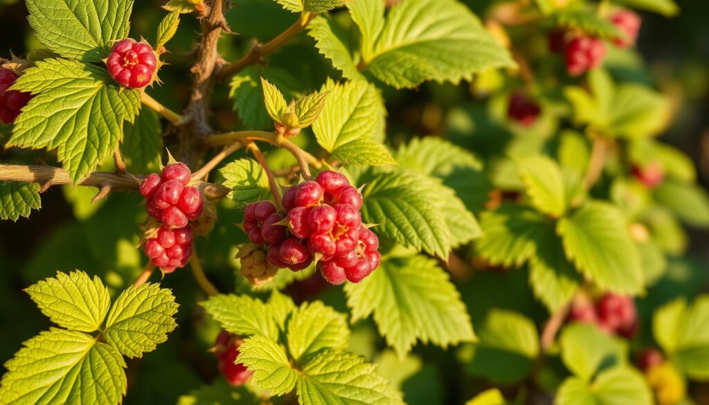 A lush, detailed close-up shot of a framboisier remontant, or everbearing raspberry bush, in an autumn setting. The plant's vibrant green leaves and robust, thorny canes fill the frame, with a cluster of ripe, plump raspberries taking center stage. Soft, warm natural lighting casts a gentle glow, highlighting the plant's delicate texture and the velvety sheen of the berries. The background is softly blurred, suggesting a natural, pastoral environment. The overall composition conveys the healthy, abundant growth characteristic of this everbearing variety, perfectly illustrating the key differences between summer-bearing and autumn-bearing raspberry cultivars.