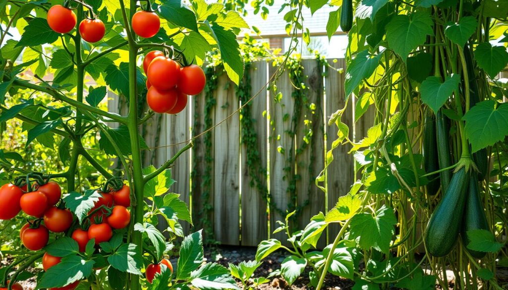 A lush, sun-drenched vegetable garden where vibrant tomatoes and verdant zucchinis thrive in harmonious companionship. The foreground showcases the intertwining vines, leaves, and fruits, their colors and textures complementing each other. In the middle ground, dappled sunlight filters through an overhead canopy, creating a warm, inviting atmosphere. The background features a rustic wooden fence, partially obscured by trailing vines, evoking a sense of natural integration. The image conveys the magic of this symbiotic relationship, highlighting the beauty and benefits of companion planting in the organic garden.