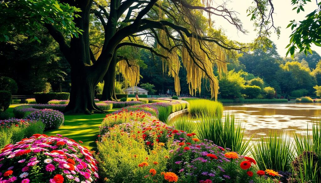 A lush, verdant "jardins botaniques france" showcasing the natural beauty and diversity of French flora. In the foreground, vibrant flowers in a rainbow of colors dot the well-maintained paths, inviting visitors to stroll and marvel. The middle ground features towering trees, their branches reaching skyward, casting dappled shadows on the scene below. In the background, a tranquil pond reflects the surrounding greenery, its surface punctuated by the graceful movements of aquatic life. Warm, golden light filters through the canopy, bathing the entire landscape in a serene, almost magical glow. This idyllic setting captures the essence of why visiting a "jardins botaniques france" can be a truly enriching and enlightening experience.