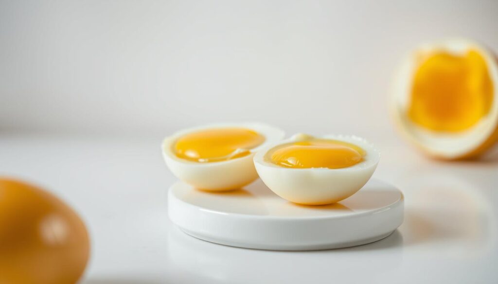 A soft, velvety texture of freshly cooked egg yolks, gently embraced by a creamy, pale-yellow hue. The surface glistens with a subtle sheen, reflecting the warm, indirect lighting that bathes the scene. The foreground showcases the delicate transition from the firm, golden-brown exterior of the hard-boiled egg to the smooth, luscious interior. In the middle ground, a pair of perfectly cooked soft-boiled eggs sit atop a pristine, white ceramic surface, their bright yellow centers peeking through the translucent, runny whites. The background is a minimalist, natural setting, allowing the simple, yet captivating textures and colors of the eggs to take center stage.