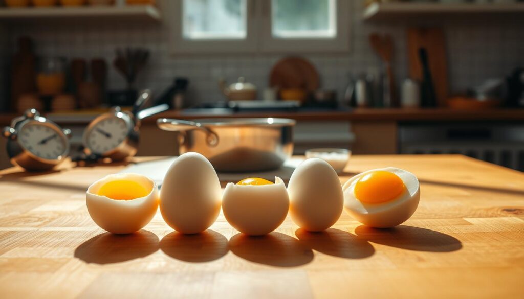 A step-by-step visual guide to perfectly cooked eggs: A bright, airy kitchen scene with a large wooden table in the foreground. On the table, a set of three medium-sized eggs in various stages of doneness - a softly cooked egg with a runny yolk, a perfectly cooked egg with a firm yet creamy yolk, and a hard-boiled egg with a solid yolk. Beside the eggs, a selection of kitchen tools and utensils, including a saucepan, a fork, a timer, and a small bowl of salt. Warm, natural lighting floods the scene, casting soft shadows and highlights on the ingredients. The overall atmosphere is one of culinary precision and attention to detail, inviting the viewer to follow along and learn the art of perfectly cooked eggs.