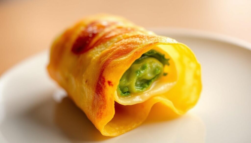 A tempting omelette roulée, its golden-yellow exterior glistening under soft, warm lighting. The delicate, fluffy egg rolls gracefully unfurled, revealing a luscious, vibrant green filling nestled within. The plate is positioned at a slight angle, highlighting the elegant presentation and drawing the eye to the inviting, mouth-watering creation. The background is minimalist, allowing the omelette to be the true star, capturing the essence of the traditional Japanese tamago dish in a simple, yet captivating manner. A tempting omelette roulée, its golden-yellow exterior glistening under soft, warm lighting. The delicate, fluffy egg rolls gracefully unfurled, revealing a luscious, vibrant green filling nestled within. The plate is positioned at a slight angle, highlighting the elegant presentation and drawing the eye to the inviting, mouth-watering creation. The background is minimalist, allowing the omelette to be the true star, capturing the essence of the traditional Japanese tamago dish in a simple, yet captivating manner.