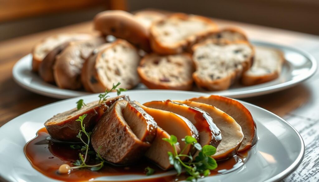 A beautifully arranged gourmet plate featuring rich, decadent foie gras. In the foreground, the foie gras is elegantly sliced and glistening, served on a fine china plate, accompanied by delicate microgreens and a drizzle of balsamic reduction. In the middle, display an assortment of freshly baked artisanal breads, showcasing a variety of textures and colors, such as crusty sourdough and nutty rye, hinting at both harmony and discord with the foie gras. In the background, a soft-focus rustic wooden table enhances the warmth of the scene, illuminated by soft, natural lighting to evoke a cozy, intimate atmosphere. Capture this composition from a slightly elevated angle to emphasize the textures and details, inviting the viewer to contemplate the perfect pairing.