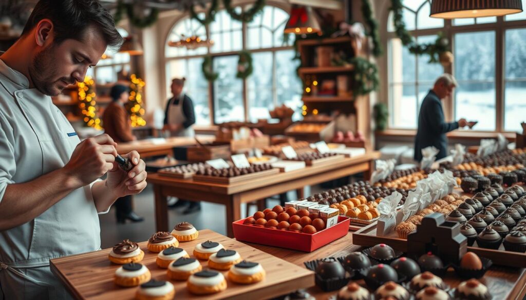 A bustling December workshop filled with artisans preparing festive treats. In the foreground, a skilled pastry chef in a white apron expertly pipes chocolate decorations onto a pastry, showcasing delicate details. To the side, a merchant arranges luxurious foie gras and assorted chocolates in elegant packaging. The middle ground features wooden tables laden with an array of beautifully crafted pastries, shimmering under warm, golden lighting. In the background, large windows reveal a snowy landscape, softly illuminating the scene and enhancing the cozy atmosphere. The mood is vibrant and festive, evoking the rush and excitement of December preparations. Shot with a shallow depth of field to emphasize the artisans' focused expressions and intricate work.