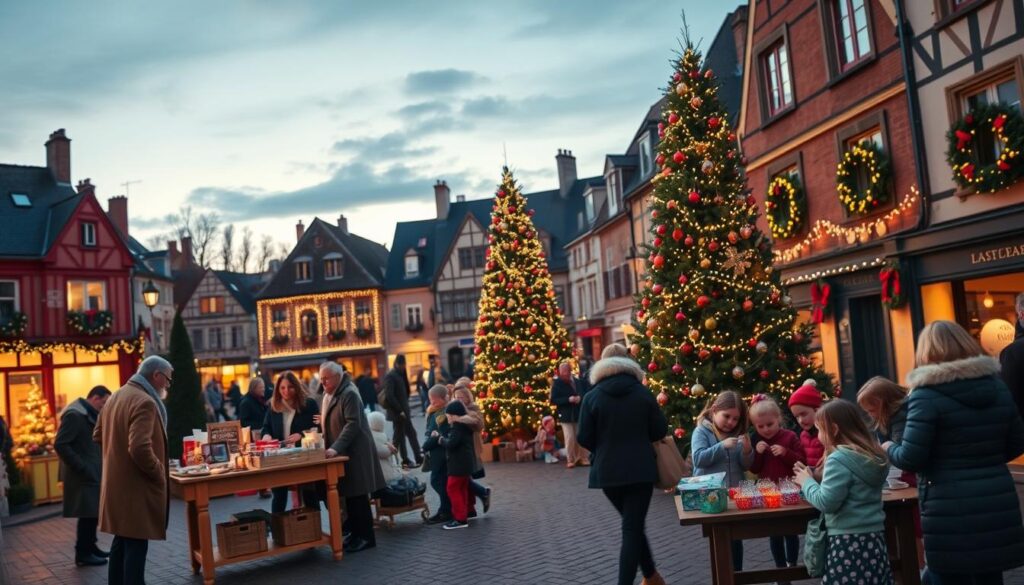 A vibrant holiday scene in Loir-et-Cher, showcasing a charming town square filled with festive decorations and lights. In the foreground, a small group of people dressed in warm, professional attire is gathered around a beautifully set wooden table displaying local artisanal products and seasonal treats. In the middle ground, children joyfully play with holiday-themed crafts while a decorated Christmas tree stands tall, sparkling with colorful ornaments. The background features quaint, historic buildings adorned with wreaths and fairy lights, under a dusky sky transitioning to twilight, creating a warm and inviting atmosphere. Soft, golden lighting casts a festive glow on the scene, evoking a sense of community and celebration. Focused depth of field to emphasize the joy of shared experiences during the holiday season.