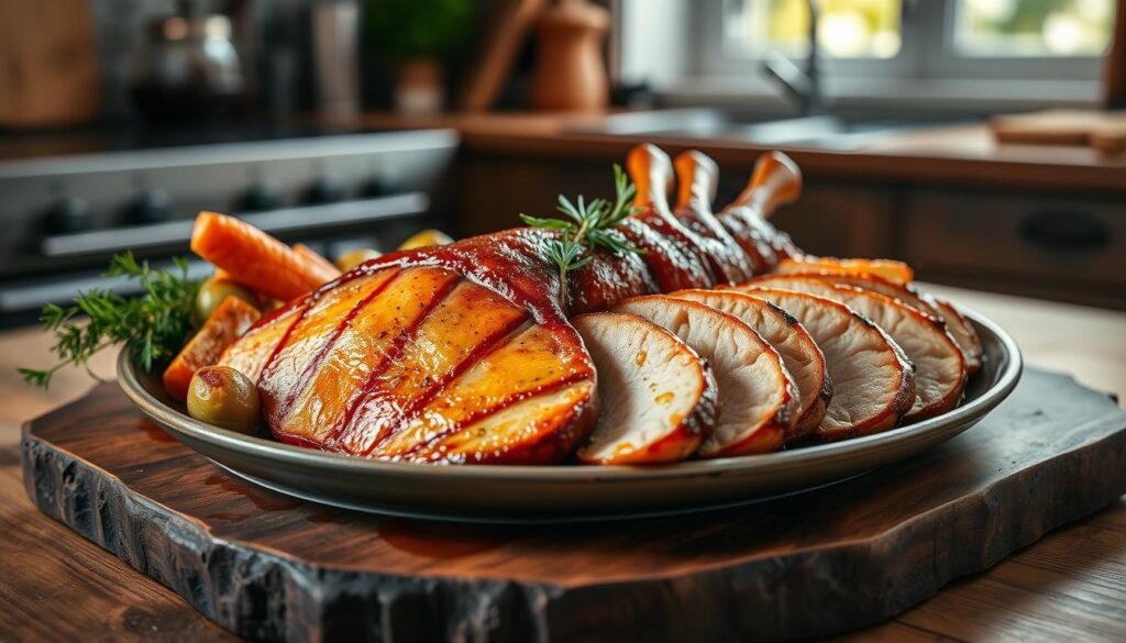 A beautifully arranged rôti de magrets displayed on a rustic wooden table, glistening with a rich, golden-brown crust. The dish showcases succulent duck breast, perfectly roasted to reveal tender meat with crispy skin. Surrounding the main attraction are elegant garnishes of roasted seasonal vegetables, such as carrots and Brussels sprouts, drizzled with a light herb sauce. In the background, a softly blurred kitchen setting creates a warm and inviting atmosphere, with natural light streaming through a window, casting a gentle glow over the scene. The image is captured from a slight overhead angle, emphasizing the textures and colors of the dish while remaining inviting and appetizing.